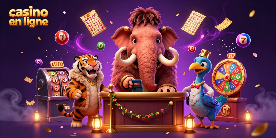 Profitez du casino en ligne avec un mammouth bouncer et un tigre VIP dans une scène dynamique.