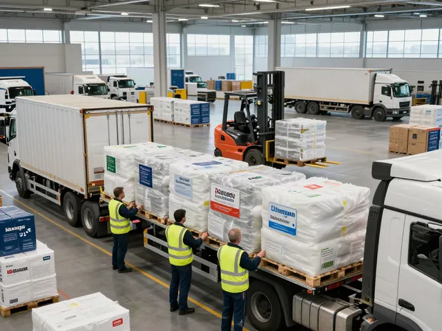 Koordination des Ocargo Gefahrgut Transports im Logistikzentrum mit Sicherheitssymbolen.