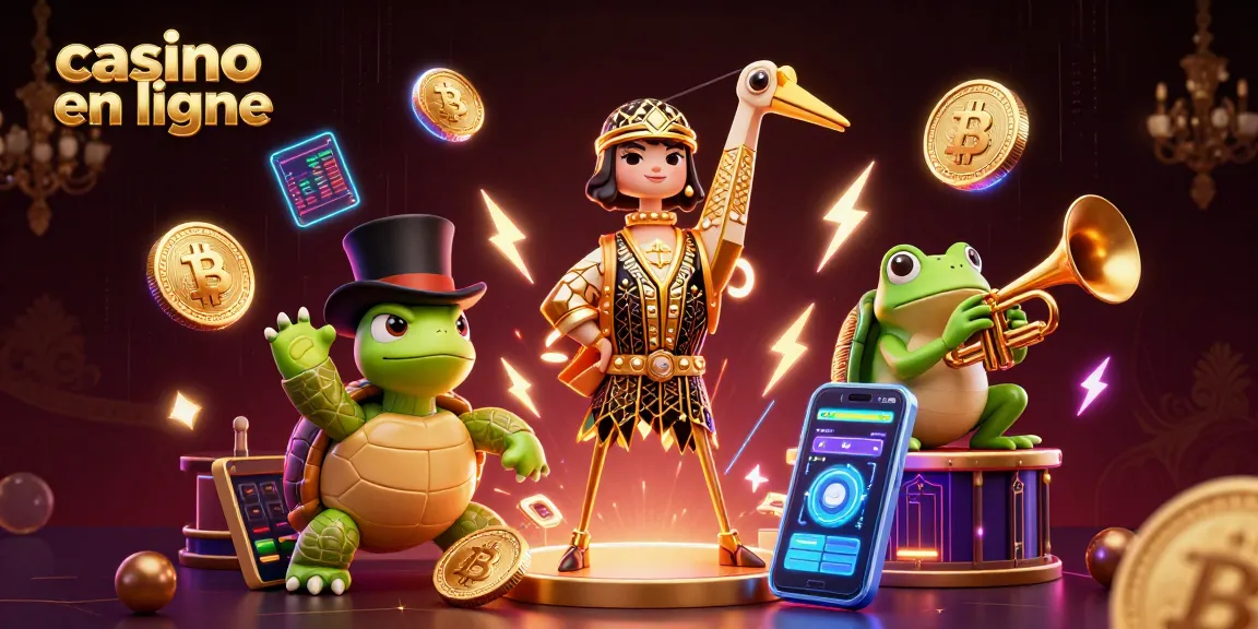 Illustration 3D dynamique du casino en ligne avec des personnages animés et des éléments de jeux d'argent.