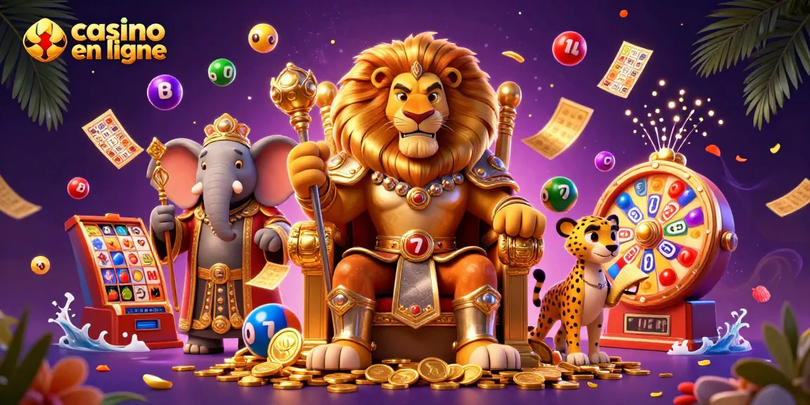 Jouez à casino en ligne avec une scène dynamique de roi lion et de ses conseillers illustrant des jackpots et des éléments de jeu