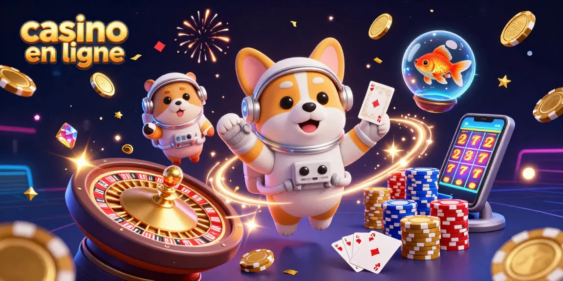 Une illustration de casino en ligne captivante avec un corgi astronaute et des jetons flottants.