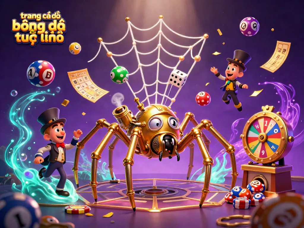 Cá độ bóng đá trực tuyến với spider vàng xây mạng, xúc xắc và bóng màu sắc rơi xung quanh.
