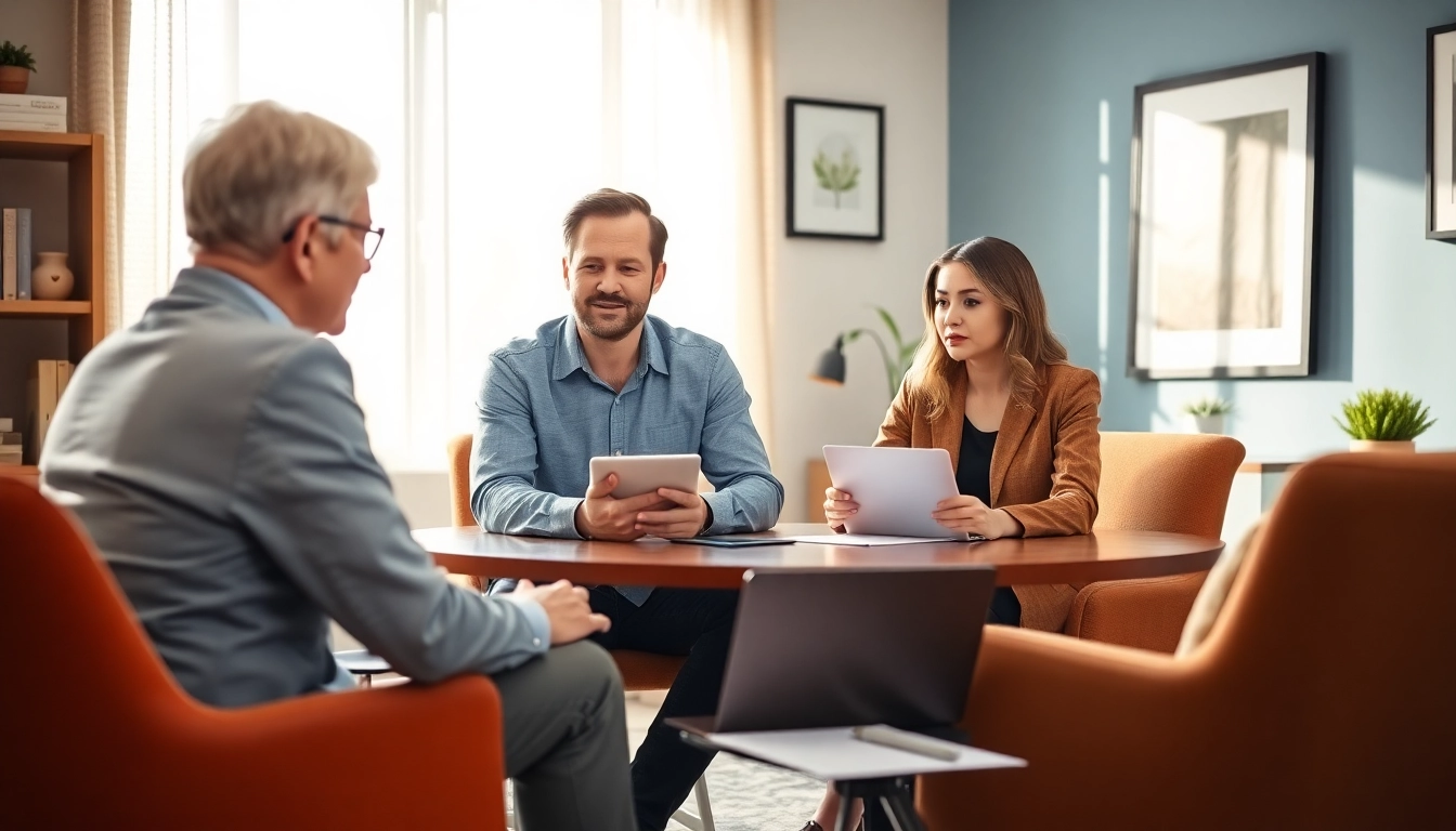 Engaging life insurance consultation in a warm office, showcasing a couple discussing their options.