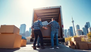 Movers providing Toronto moving services by loading furniture into a truck.