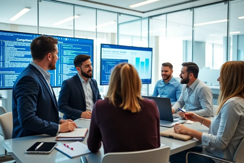 Implementing PowerShell automation for IT compliance with professionals in a modern office.