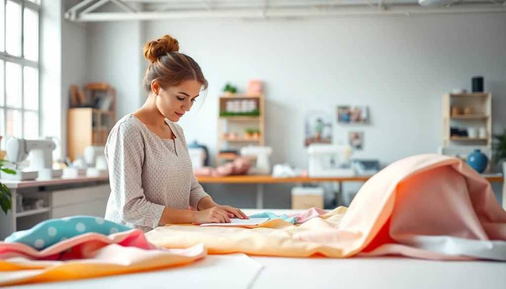 Mousseline stoffen verspreid over een naai tafel in een kleurrijke ontwerpstudio.