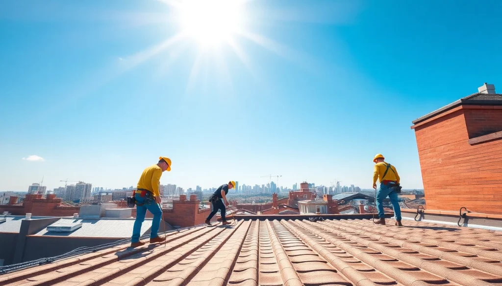 Professional roofing services performed by skilled workers in a vibrant urban setting.