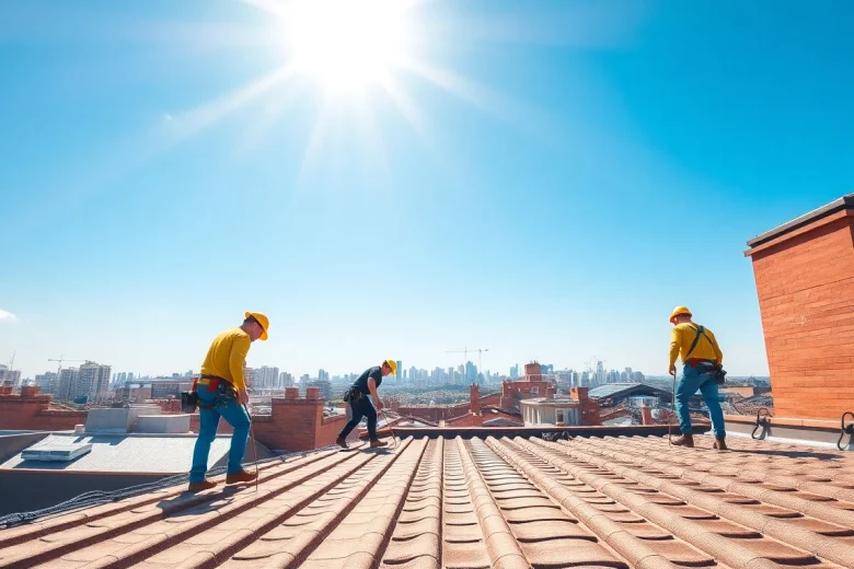 Professional roofing services performed by skilled workers in a vibrant urban setting.