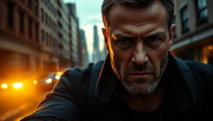 Heroic figure representing action and mystery like Reacher amidst a dynamic urban backdrop.