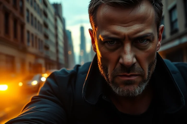 Heroic figure representing action and mystery like Reacher amidst a dynamic urban backdrop.