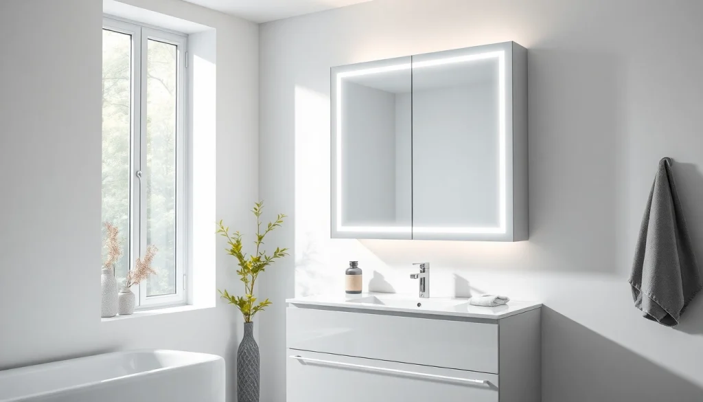 Spiegelschrank mit LED Beleuchtung in einem modernen Badezimmer mit eleganten Details.