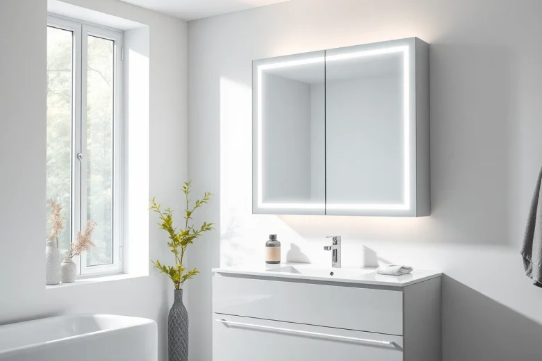 Spiegelschrank mit LED Beleuchtung in einem modernen Badezimmer mit eleganten Details.