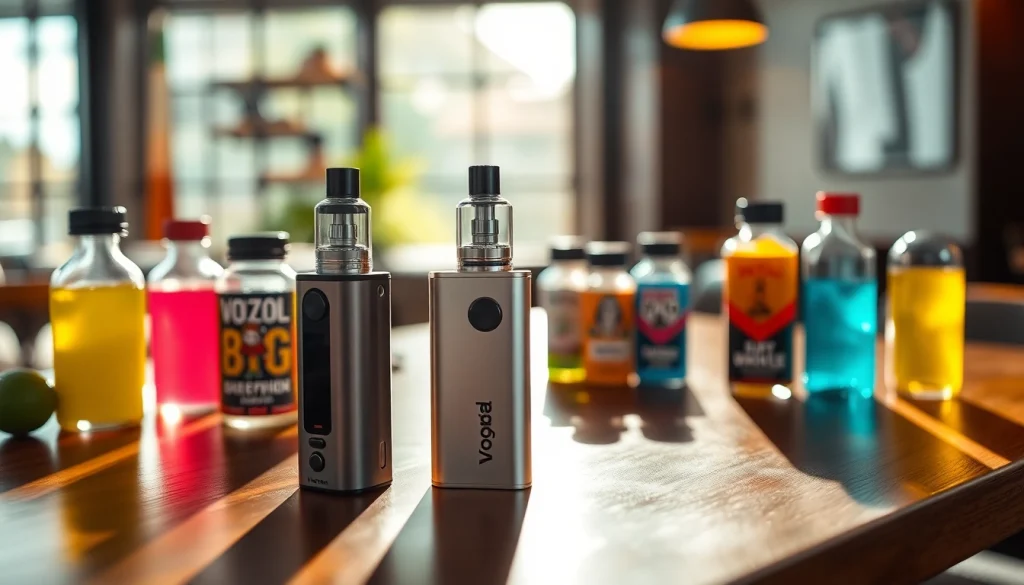 Vozol Vape-Gerät mit verschiedenen Aromen auf einem eleganten Tisch präsentieren
