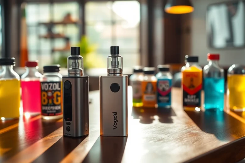 Vozol Vape-Gerät mit verschiedenen Aromen auf einem eleganten Tisch präsentieren