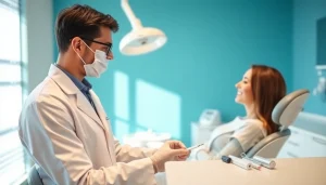 Engaging dentist consulting with a patient in a modern dental clinic.