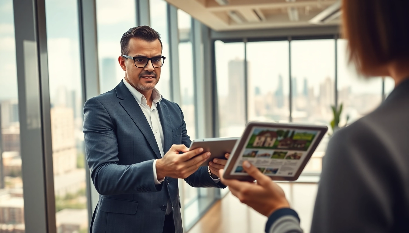 Engaging real estate agent showcasing listings in a modern office with city view.