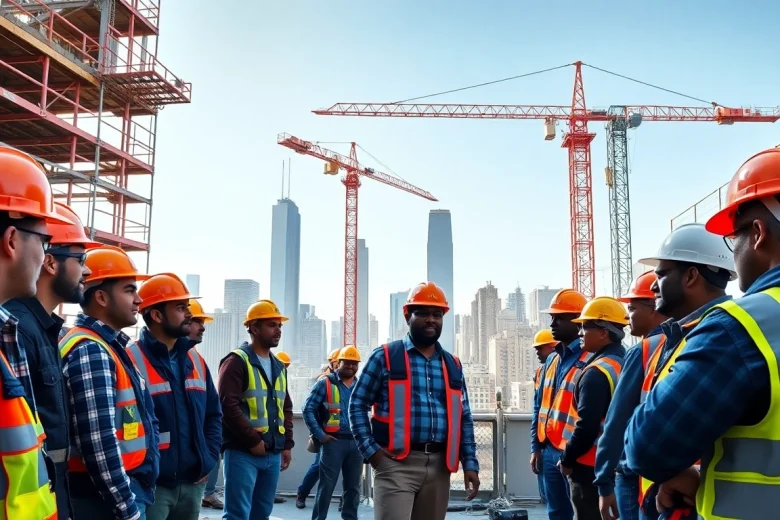 Highlighting New York Commercial General Contractor team collaborating on a construction project with city skyline.