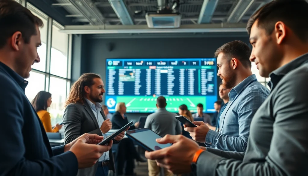 Discover the best online sportsbooks India featuring diverse individuals engaged in sports betting through various devices.