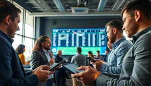 Discover the best online sportsbooks India featuring diverse individuals engaged in sports betting through various devices.