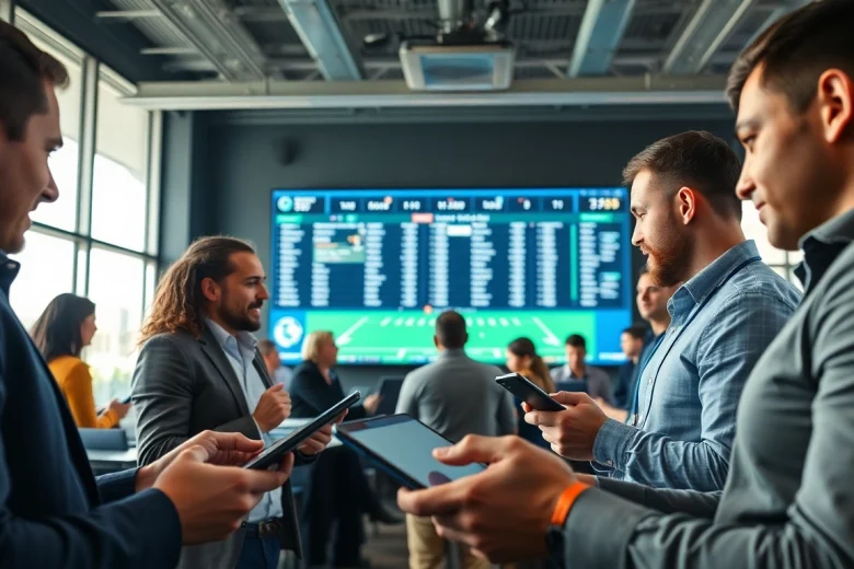 Discover the best online sportsbooks India featuring diverse individuals engaged in sports betting through various devices.