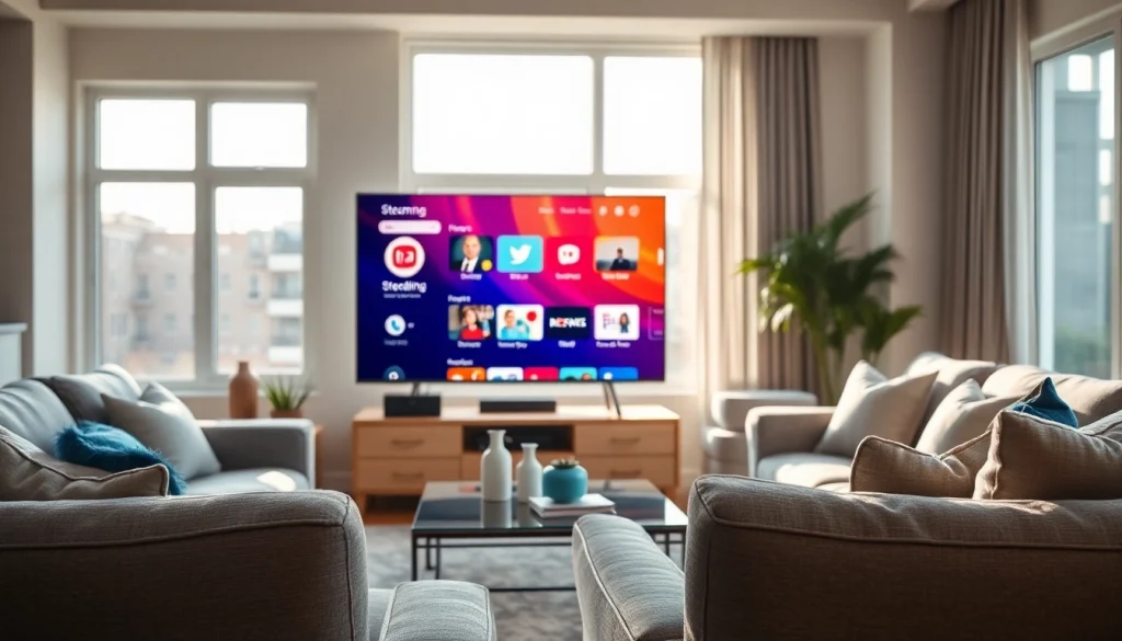 Showcase of iron TV in a modern living room emphasizing streaming options and stylish decor.