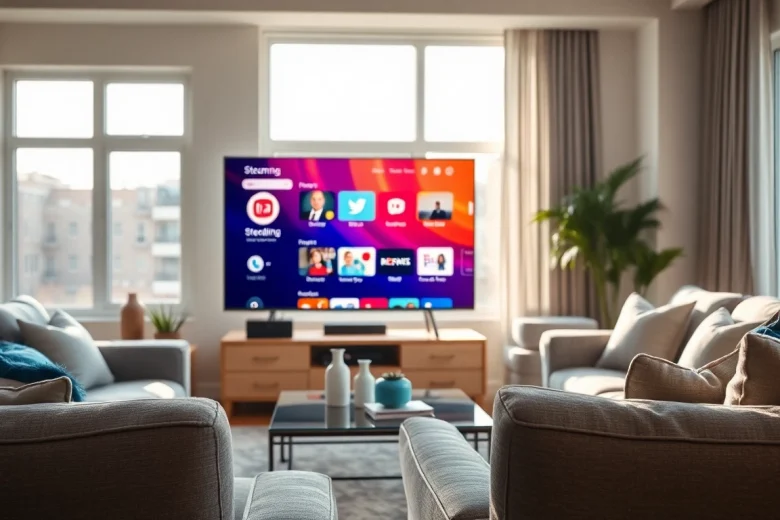 Showcase of iron TV in a modern living room emphasizing streaming options and stylish decor.