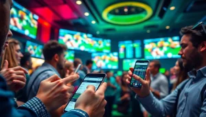 Engaged bettors enjoying the best sports betting sites Brazil in a vibrant sports bar setting.