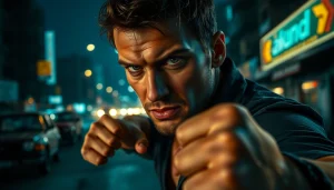 Hero preparing for action in a vibrant city scene like Reacher, displaying intensity and determination.