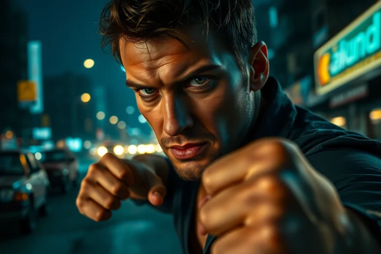 Hero preparing for action in a vibrant city scene like Reacher, displaying intensity and determination.