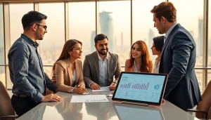 Engaged Business Consultants in Dubai strategizing in a modern office setting.