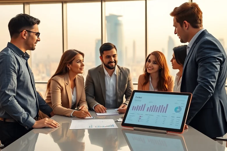 Engaged Business Consultants in Dubai strategizing in a modern office setting.