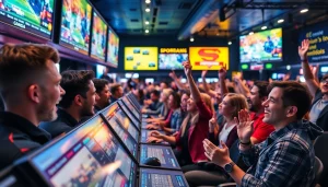 Betting experience in online sportsbooks Georgia with enthusiastic bettors celebrating victories.