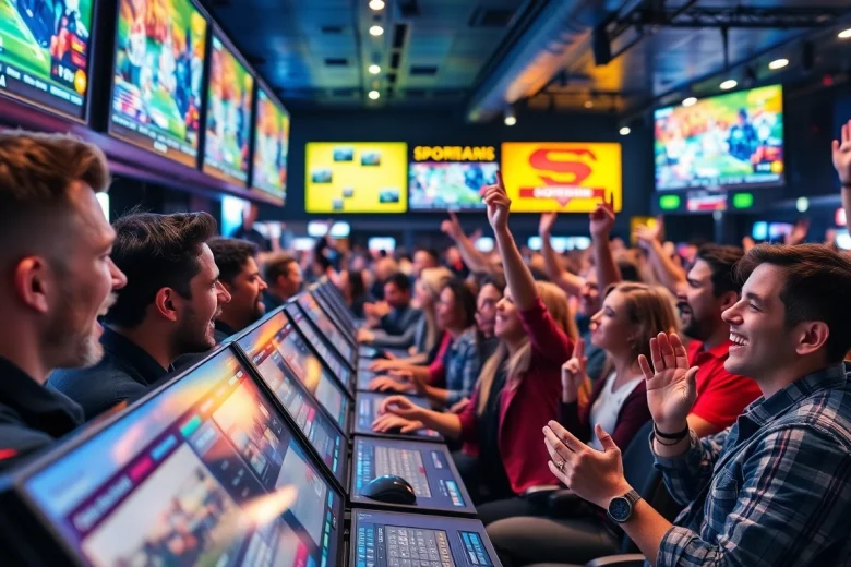 Betting experience in online sportsbooks Georgia with enthusiastic bettors celebrating victories.