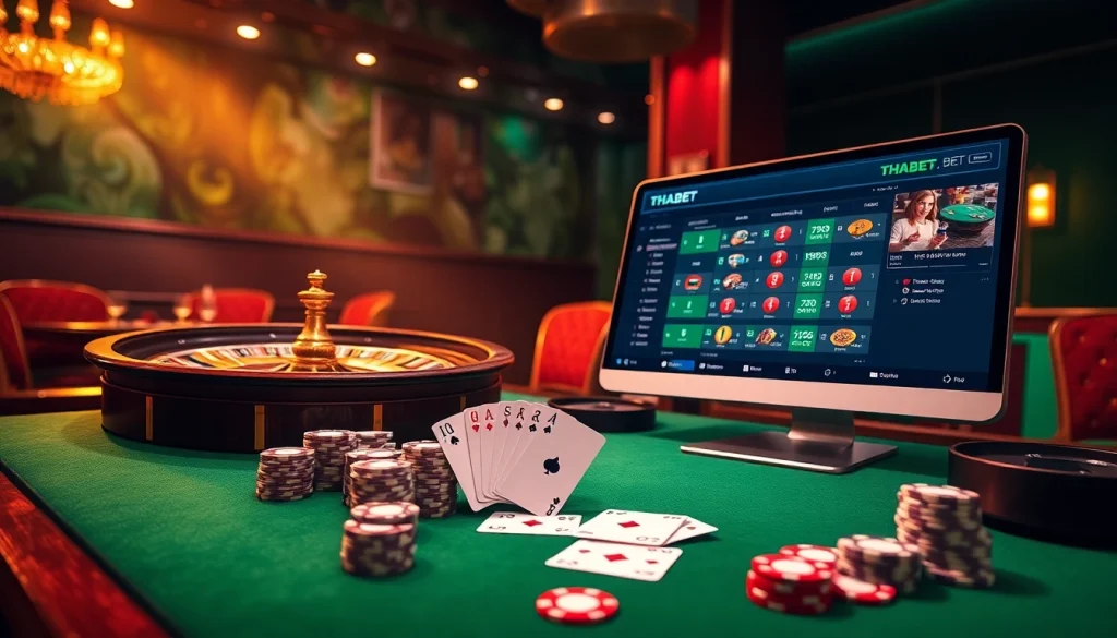 Players engaging in thrilling games at THABET online casino with vibrant decorations and luxury elements.