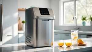 Showcasing a modern ice maker on a kitchen countertop, providing clear, fresh ice for drinks.
