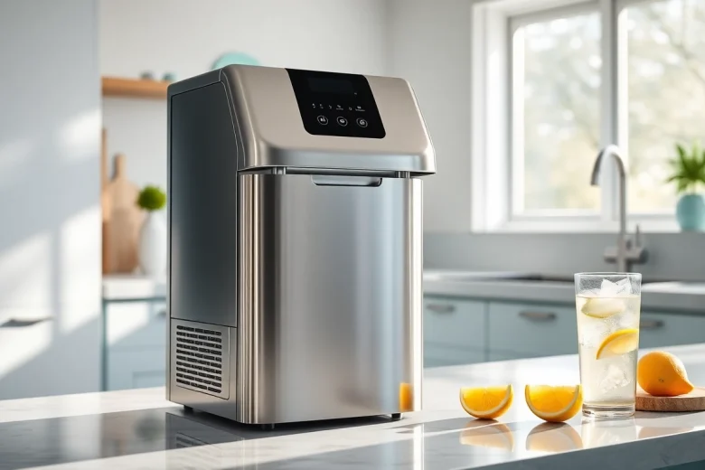 Showcasing a modern ice maker on a kitchen countertop, providing clear, fresh ice for drinks.