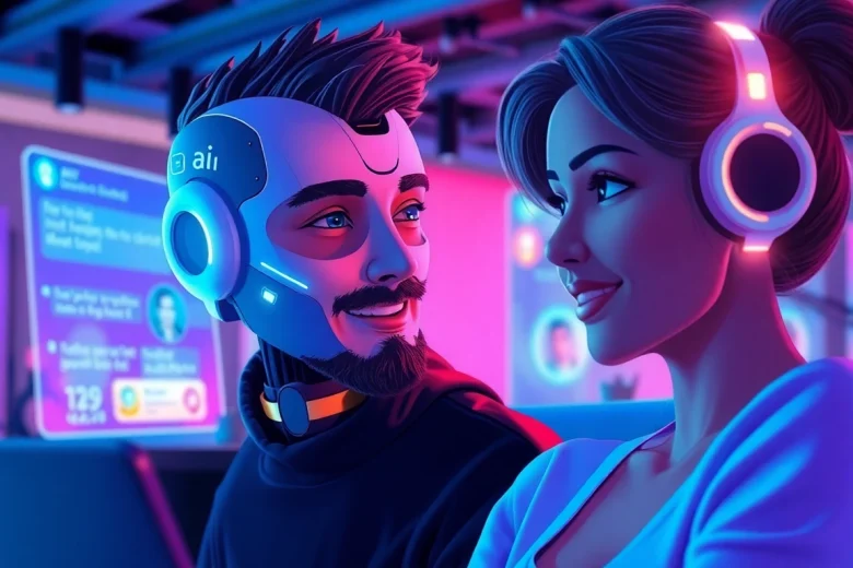 Engaging AI chat sex interaction in a vibrant digital lounge with a friendly chatbot.