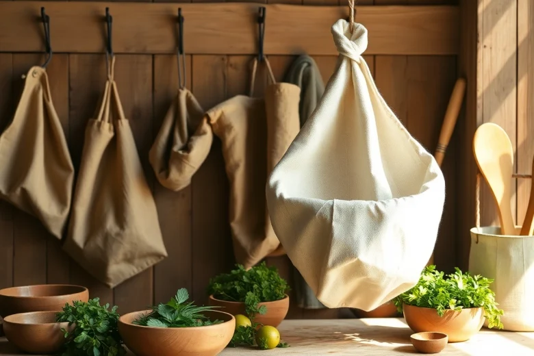 Gebruik van een kaasdoek om verse kaas te maken in een rustieke keuken.