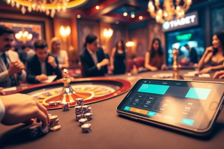Experience high-stakes excitement with THABET's professional online gaming setup featuring vibrant casino elements.