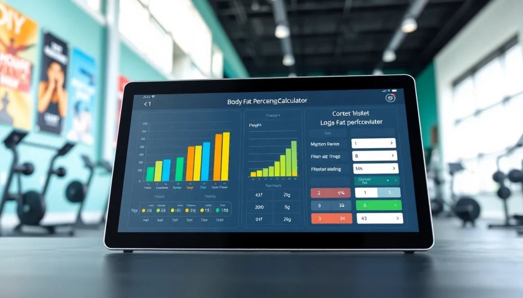Interact with the body fat percentage calculator on a sleek digital device in a fitness studio.