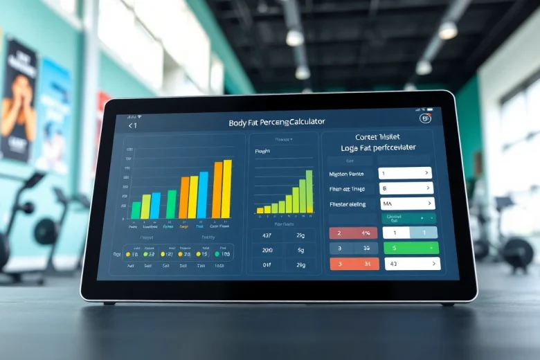 Interact with the body fat percentage calculator on a sleek digital device in a fitness studio.