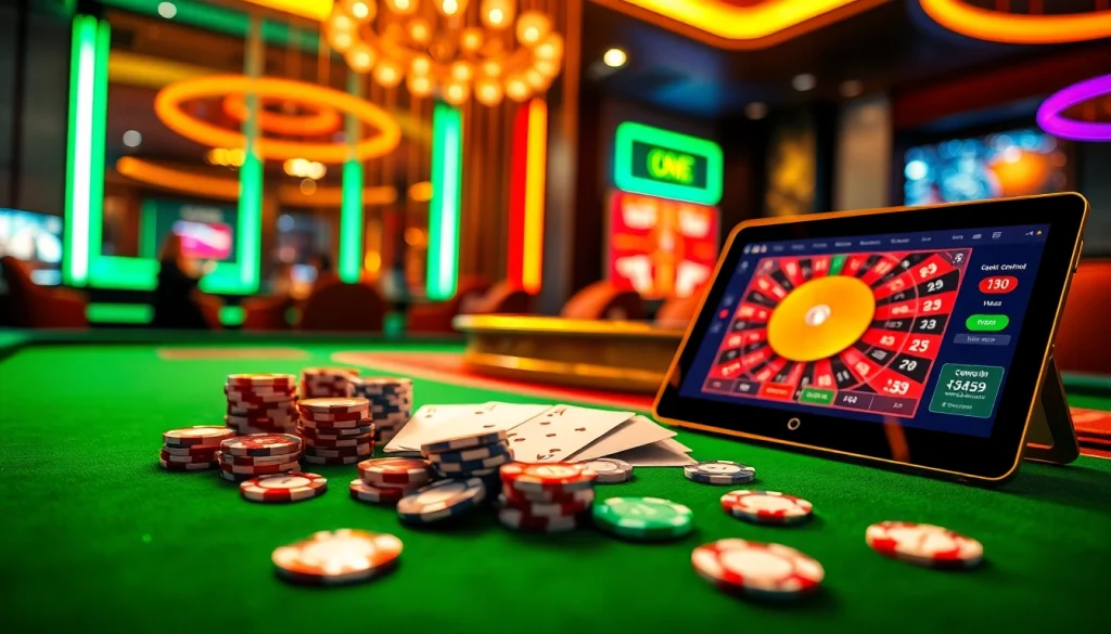 Engage with winning strategies at https://uu88.blog/ featuring a luxurious casino table and vibrant gambling elements.