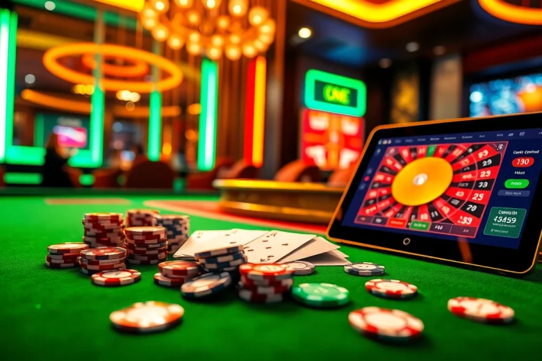 Engage with winning strategies at https://uu88.blog/ featuring a luxurious casino table and vibrant gambling elements.