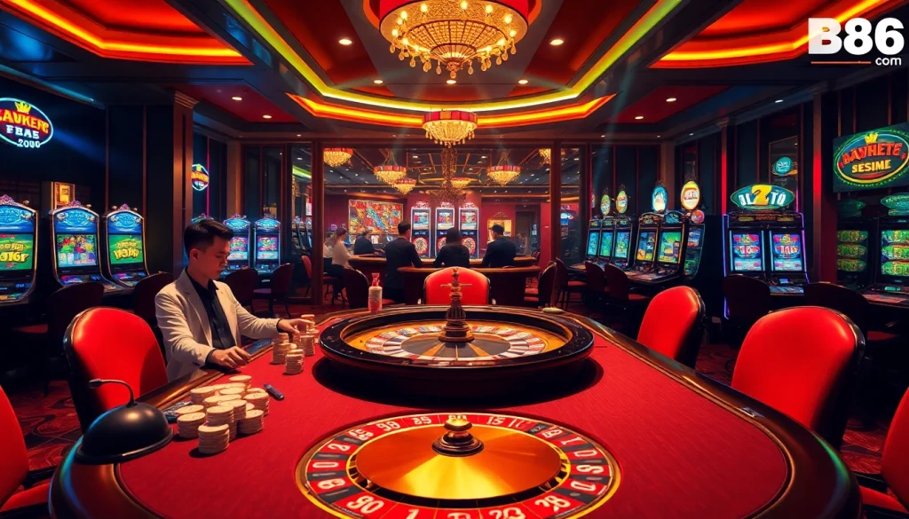 Experience the thrill of gambling at Trang Chủ BJ88, featuring luxurious casino tables and vibrant gaming action.