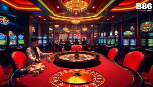 Experience the thrill of gambling at Trang Chủ BJ88, featuring luxurious casino tables and vibrant gaming action.