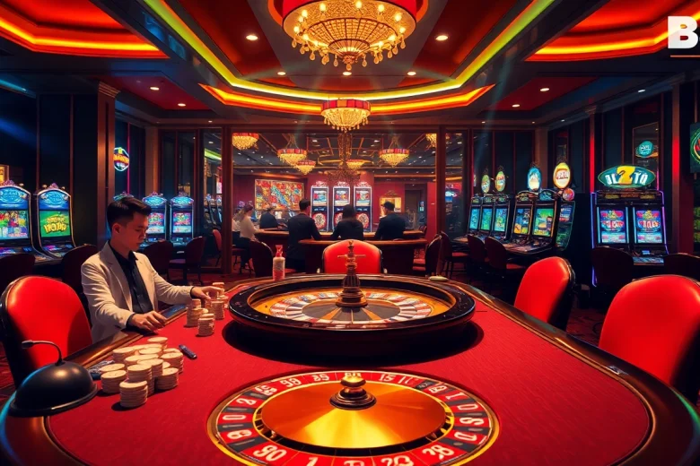 Experience the thrill of gambling at Trang Chủ BJ88, featuring luxurious casino tables and vibrant gaming action.