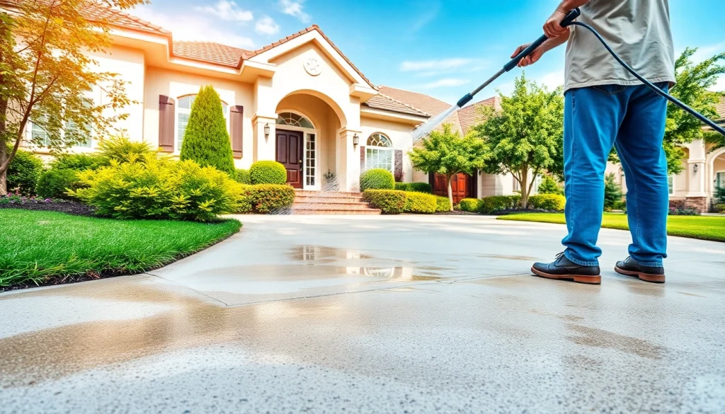 Concrete cleaning in action by professionals, showcasing effective pressure washing on a residential driveway.