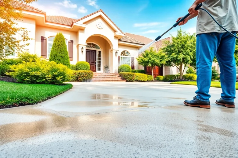 Concrete cleaning in action by professionals, showcasing effective pressure washing on a residential driveway.