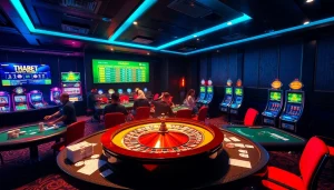Exciting scene of gambling at Nhà Cái THABET with poker tables and a roulette wheel.