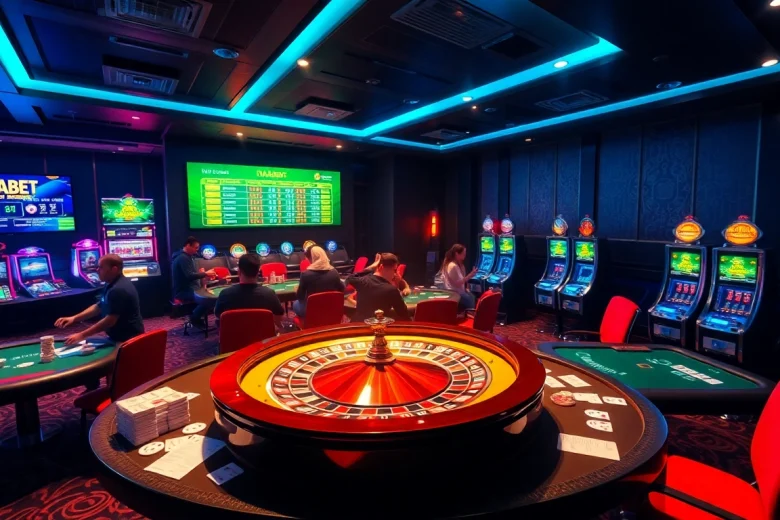 Exciting scene of gambling at Nhà Cái THABET with poker tables and a roulette wheel.